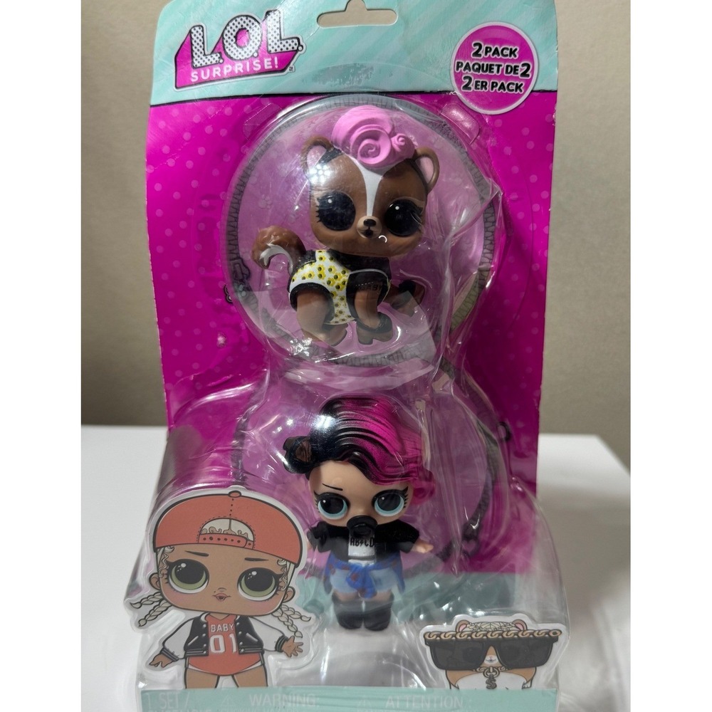 LOL Surprise 2 Pack Doll and Pet Squirrel Figures Pink Black Hair MGA New